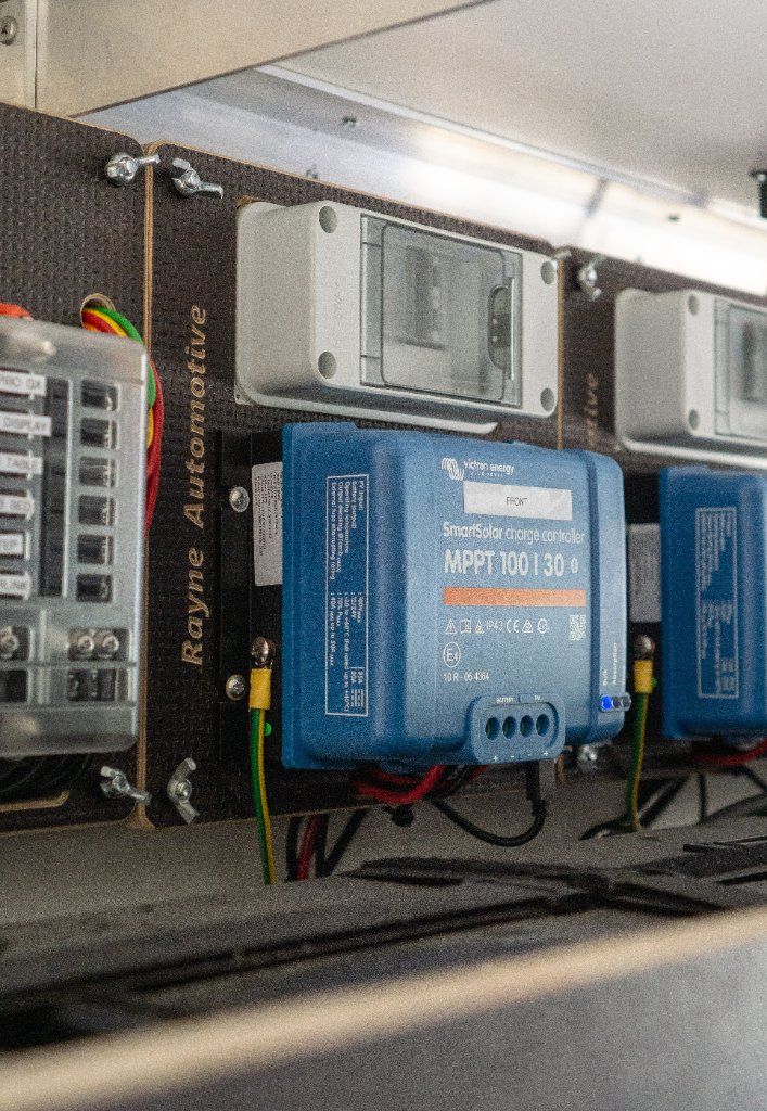 A complete Rayne Automotive campervan electrical system, built and labelled