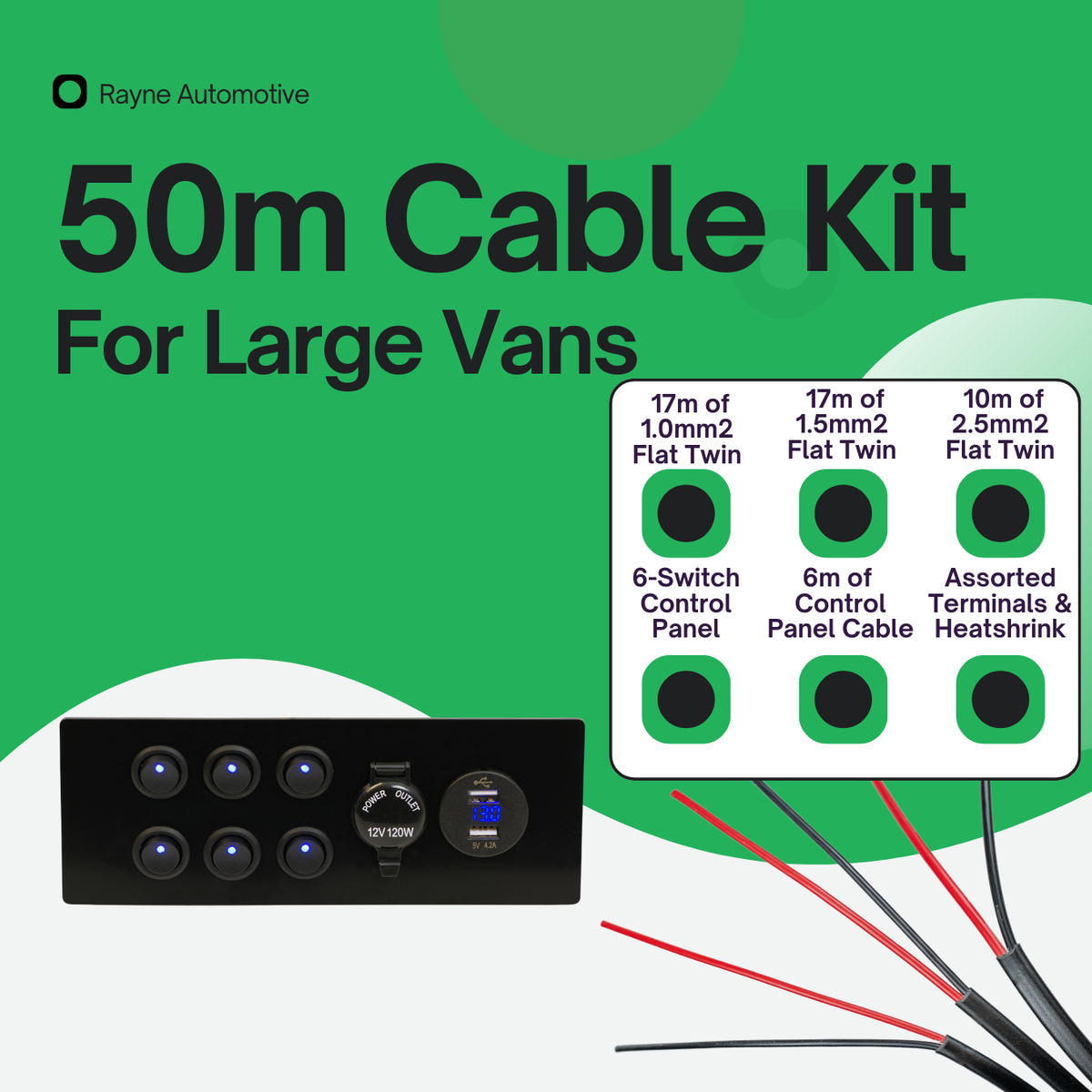 50M Campervan 12V Electrics Cable Kit with 6-Switch Control Panel For Large Vans