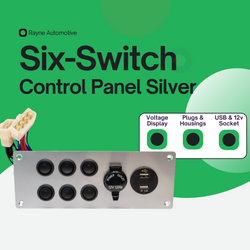 Brushed silver 6-switch control panel for 12V systems
            